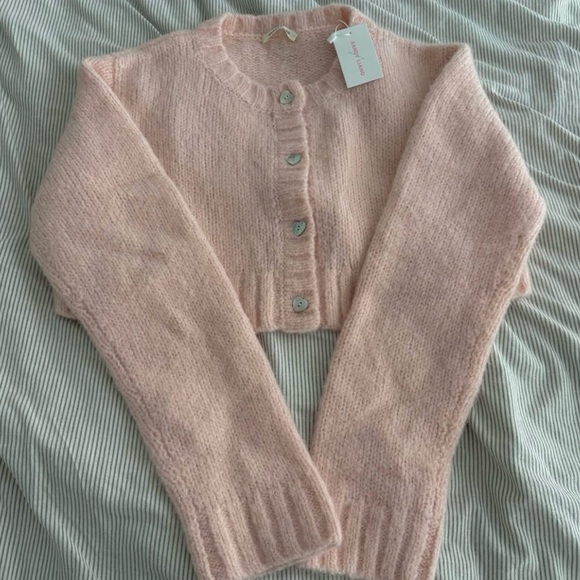 Sandy Liang Sweaters - Sandy Liang Pink Heart Button Cropped Cardigan